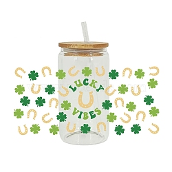 Saint Patrick's Day Theme PET Clear Film Clover Rub on Transfer Stickers for Glass Cups, Waterproof Cup Wrap Transfer Decals for Cup Crafts, Green, 110x230mm(PW-WG36251-03)