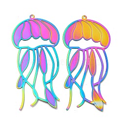 Ion Plating(IP) 304 Stainless Steel Etched Metal Embellishments Big Pendants, Rainbow Color, Jellyfish, 68x32.5x0.3mm, Hole: 1.5mm(STAS-G328-05H-RC)