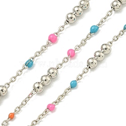 Brass Enamel Round Beaded Link Chain, Soldered, with Spool, Long-Lasting Plated, Cadmium Free & Lead Free, Platinum, Colorful, 12x3.5mm(CHC-G022-07P-13)