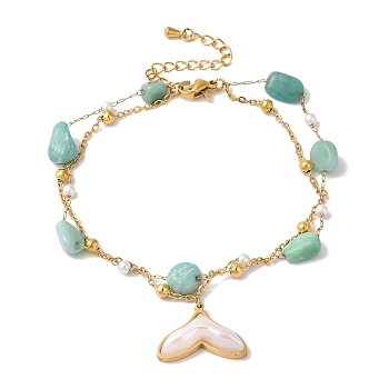 Summer Beach Nuggets Natural Amazonite & Imitation Pearl Multi-Strand Anklets, Whale Tail Ion Plating(IP) 304 Stainless Steel Resin Charm Anklets for Women, Golden, 8-3/8 inch(21.2cm)