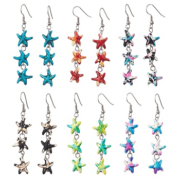 304 Stainless Steel Dangle Earring, with Starfish Synthetic Turquoise, Mixed Color, 60~67x13~14.5mm, 6pair/set