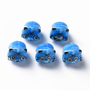Handmade Porcelain Beads, Famille Rose Style, Tiger, Royal Blue, about 12x10.5x11mm, Hole: 1.8mm