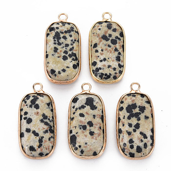 Natural Dalmatian Jasper Pendants, with Golden Plated Brass Edge and Loop, Rectangle, 31.5x15x6~7mm, Hole: 2.5mm
