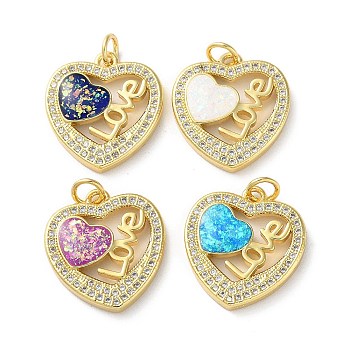 Valentine's Day Brass Micro Pave Clear Cubic Zirconia Pendants, with Synthetic Opal, Real 18K Gold Plated, Heart with Word Love Charms, Mixed Color, 19x17.5x3mm, Hole: 3.5mm
