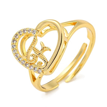 Heart with Letter Rack Plating Brass Micro Pave Cubic Zirconia Adjustable Rings for Women, Lead Free & Cadmium Free, Real 18K Gold Plated, Letter F, Inner Diameter: 16mm