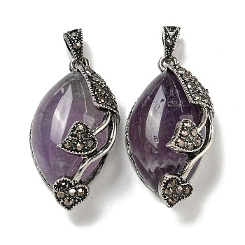 Natural Amethyst Horse Eye Pendants, Rack Plating Alloy Rhinestone Heart Leaf Charms, Antique Silver, Cadmium Free & Lead Free, 31x16x11.5mm, Hole: 5x3mm