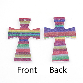 PU Leather Big Pendants, Cross with Stripe Pattern, Colorful, 58x39x2mm, Hole: 1.5mm