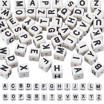 52Pcs 26 Styles Glazed Porcelain Beads, Glossy Ceramic Beads, Square with Letter A~Z, Black, 8.5x8.5x8.5mm, Hole: 1.6mm, 2pcs/style