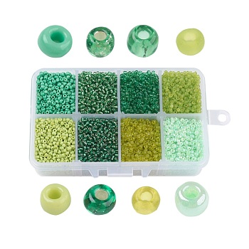 12/0 Glass Seed Beads, Mixed Style, Round, Green, 2~2.5x2mm, Hole: 0.5mm, about 12500pcs/box, Packaging Box: 11x7x3cm