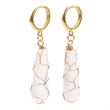 Brass Huggie Hoop Earrings, with Natural Quartz Crystal Wire Wrapped Bullet Pendants, Golden, 50mm, Pin: 1mm