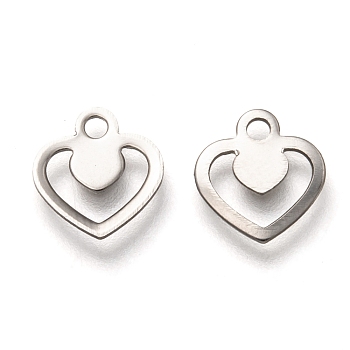 201 Stainless Steel Charms, Laser Cut, Heart, Stainless Steel Color, 9.5x9x0.8mm, Hole: 1.5mm