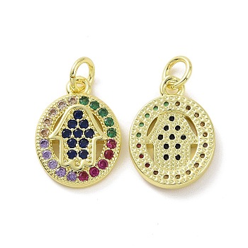 Brass Micro Pave Cubic Zirconia Pendants, Real 18K Gold Plated, with Jump Ring, Oval & Hamsa Hand/Hand of Fatima/Hand of Miriam Charms, Colorful, 16x12x2mm, Jump Ring: 5x0.8mm, Inner Diameter: 3.2mm