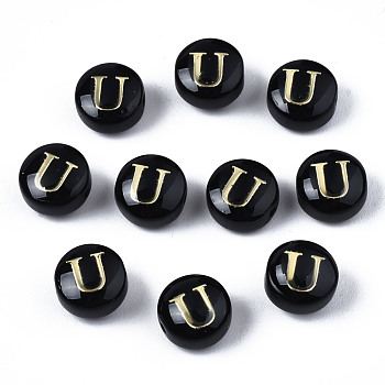 Handmade Lampwork Beads, with Golden Plated Brass Etched Metal Embellishments, Flat Round with Alphabet, Letter.U, 8x5mm, Hole: 0.8mm