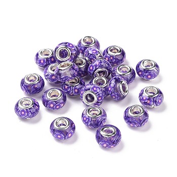 Transparent Resin European Rondelle Beads, Large Hole Beads, with Flower Polymer Clay and Platinum Tone Alloy Double Cores, Slate Blue, 14x8.5mm, Hole: 5mm