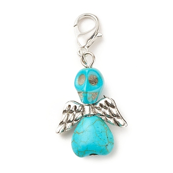 Dyed Synthetic Turquoise Pendant Decorations, with CCB Plastic Beads and Alloy Clasps, Skull with Wing, Dark Turquoise, 45mm, Skull: 29.5x20x9.5mm