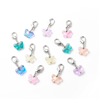 Transparent Spray Painted Glass Butterfly Pendant Decorations, with Alloy Lobster Claw Clasps, Clip-on Charms, Mixed Color, 30mm, 6pcs/set