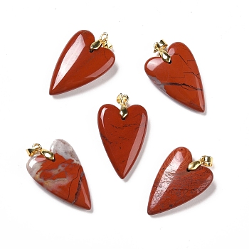 Natural Red Jasper Pendants, with Rack Plating Golden Plated Brass Findings, Long-Lasting Plated, Heart, 32~34x20x8mm, Hole: 4x4mm