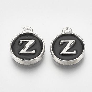 Alloy Enamel Charms, Flat Round with Letter, Platinum, Black, Letter.Z, 14x11.5x2.5mm, Hole: 1mm