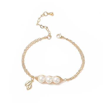 Shell Pearl & Leaf Charm Bracelet, Brass Jewelry for Women, Golden, 7-1/8 inch(18cm)