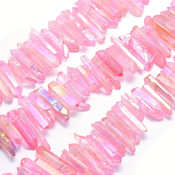 Electroplated Natural Quartz Crystal Beads Strands, Dyed, Nuggets, Rainbow Plated, Pink, 20~39x5~12mm, Hole: 1~1.5mm, about 15.7 inch(40cm).