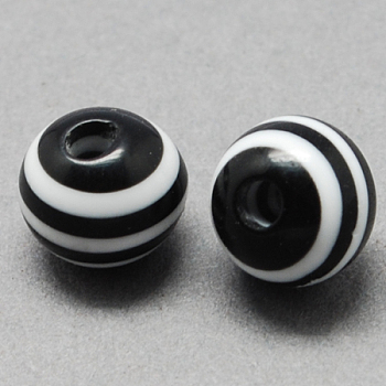 Round Striped Resin Beads, Black, 12x11mm, Hole: 3mm