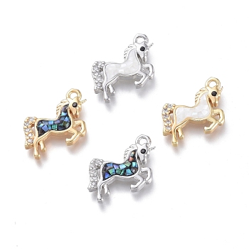 Natural Shell Charms, with Cubic Zirconia and Brass Findings, Unicorn, 13x14.5x2mm, Hole: 1.2mm