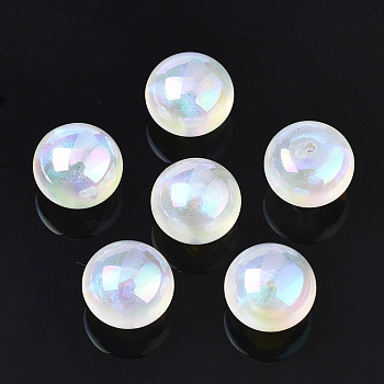 Opaque Acrylic Beads, AB Color Plated, with Glitter Powder, Half Drilled, Flat Round, White, 12x9mm, Hole: 1.2mm