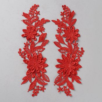 Polyester Embroidery Sewing Ornaments, DIY Costume Accessories, Flower, Red, 243x76.5x4.5mm