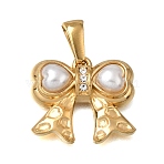 304 Stainless Steel Pendants, with Imitation Pearl & Crystal Rhinestone, Bowknot Charms, Real 18K Gold Plated, 18x20.5x5mm, Hole: 7.5x3mm(STAS-K322-22A-G)