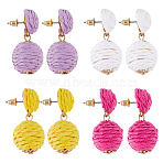 4 Pairs 4 Colors Raffia Grass Braided Round Dangle Stud Earrings with Iron Pins for Women, Mixed Color, 37x18mm, 1 pair/color(EJEW-FI0002-27)