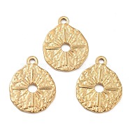 304 Stainless Steel Pendants, Golden, Flat Round with Sun Charm, Textured, 23x18x2mm, Hole: 1.5mm(STAS-M337-01B-G)