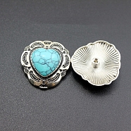 Alloy Buttons, with Synthetic Turquoise, Heart, Antique Silver, Turquoise, 29x30mm, Screw: 4mm(PW-WG77759-04)