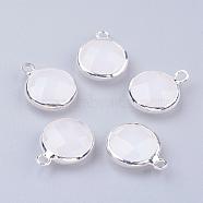 Silver Color Plated Brass Glass Flat Round Charms, Faceted, Creamy White, 12x8.5x3mm, Hole: 1.5mm(GLAA-M003-A-31S)