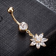 Brass Cubic Zirconia Navel Ring, Belly Rings, with 304 Stainless Steel Bar, Cadmium Free & Lead Free, Real 18K Gold Plated, Flower, Clear, 38x16mm, Bar: 15 Gauge(1.5mm), Bar Length: 3/8"(10mm)(AJEW-EE0004-31A)