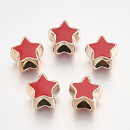 UV Plating Acrylic European Beads, with Enamel, Large Hole Beads, Star, Light Gold, Red, 10.5x11.5x9mm, Hole: 4.5mm(OACR-T005-91KC-07)