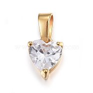 Cubic Zirconia Charms, with 304 Stainless Steel Findings, Heart, Clear, Golden, 10x7.5x6mm, Hole: 5x3mm(X-STAS-P216-13G)