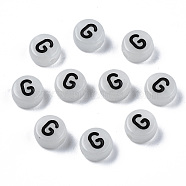 Acrylic Beads, with Enamel and Luminous, Horizontal Hole, Flat Round with Black Letter, Glow in the Dark, Light Grey, Letter.G, 7x3.5mm, Hole: 1.5mm, about 3600~3700pcs/500g(SACR-S273-29G)