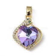Real 18K Gold Plated Rack Plating Brass Micro Pave Clear Cubic Zirconia Pendants, with Glass, Long-Lasting Plated, Cadmium Free & Lead Free, Heart Charm, Lilac, 21.5x17x8mm, Hole: 5x3.2mm(KK-C015-16G-04)