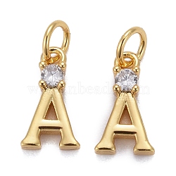 Brass Micro Pave Clear Cubic Zirconia Pendants, with Jump Rings, Real 18K Gold Plated, Long-Lasting Plated, Letter, Letter.A, 9.5x5.5x2mm(ZIRC-Z011-35A)