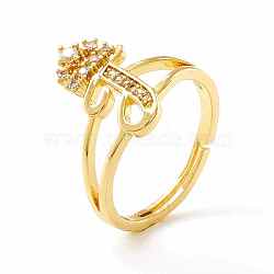 Clear Cubic Zirconia Initial Letter with Crown Adjustable Ring, Real 18K Gold Plated Brass Alphabet Ring for Women, Cadmium Free & Lead Free, Letter.T, US Size 6(16.5mm)(RJEW-M139-17T)