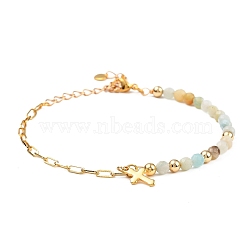 Charm Bracelets, with Natural Flower Amazonite Beads, 304 Stainless Steel Cross Charms, Brass Paperclip Chains & Round Beads, 7-5/8 inch(19.3cm)(X-BJEW-JB05336-02)