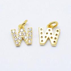 Brass Micro Pave Grade AAA Cubic Zirconia Charms, Letter W, Cadmium Free & Nickel Free & Lead Free, Real 18K Gold Plated, 8.5x8x1.5mm, Hole: 2mm(ZIRC-P067-11G-W-NR)