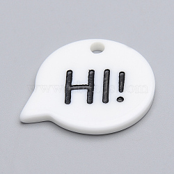 Resin Pendants, Chat Bubbles with Word Hi, White, 25.5x32x3mm, Hole: 3mm(CRES-T005-88A)