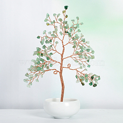 Undyed Natural Green Aventurine Chips Tree of Life Display Decorations, with Porcelain Bowls, Copper Wire Wrapped Feng Shui Ornament for Fortune, 145x205mm(TREE-PW0001-23C)