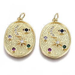 Brass Micro Pave Colorful Cubic Zirconia Pendants, with Jump Ring, Cadmium Free & Nickel Free & Lead Free, Oval with Star & Eye & Moon, Real 16K Gold Plated, 24x17x3mm, Jump ring: 5x0.6mm, Inner Diameter: 3mm(KK-S061-66G-NR)