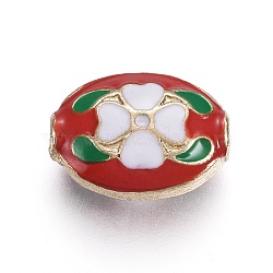 Alloy Beads, with Enamel, Oval with Flower, Light Gold, Red, 15.5~15.8x11.5~11.8x6~6.8mm, Hole: 1.8mm(ENAM-ZH9017-9)