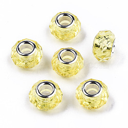 Transparent Resin European Beads, Imitation Crystal, Large Hole Beads, with Silver Tone Brass Double Cores, Faceted, Rondelle, Champagne Yellow, 14x9.5mm, Hole: 5mm(RPDL-T003-003-B08)