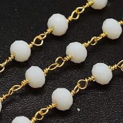 3.28 Feet Faceted Rondelle Handmade Electroplate Glass Beaded Chains, Unwelded, with Golden Plated Brass Findings, White, 6x4mm(X-CHC-L029-01)