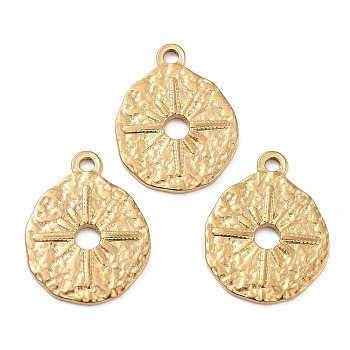 304 Stainless Steel Pendants, Golden, Flat Round with Sun Charm, Textured, 23x18x2mm, Hole: 1.5mm