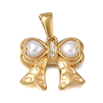 304 Stainless Steel Pendants, with Imitation Pearl & Crystal Rhinestone, Bowknot Charms, Real 18K Gold Plated, 18x20.5x5mm, Hole: 7.5x3mm